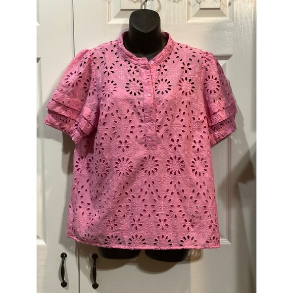J.Crew Pink Eyelet Blouse Top Ruffle Short‎ Sleeves Button Up Womens - Picture 2 of 4